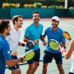 En gruppe venner der griner og konkurrerer på en padeltennisbane