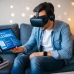 En person sidder på en sofa fordybet i et e-læringsprogram på deres tablet mens et virtual reality headset og en spillekonsol ligger i nærheden hvilket viser underholdningens revolution gennem e-læring